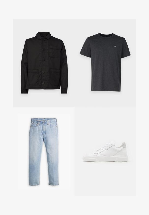 Must mustam cotton jakk, millel on krae, nööpidega ees ja üks rinnatasku. Tootel on kaks eesolevat klapiga taskut ja lame äär.; Tumehall puuvillast lühikeste varrukatega T-särk, millel on ümarselga lõige ja vasakul rinnal väike logo. Sile tekstuur.; Heledad hall sinised teksad sirge sääre disainiga, viie taskuga stiil ja kontrastne õmblus. Kõhukohal nööp ja lukk.; Valged nahast spordijalatsid siledast nahast viimistlusega, ümarate varvastega, lamekestega ja tekstuuriga tallaga. Hall suede aktsent kanna juures.