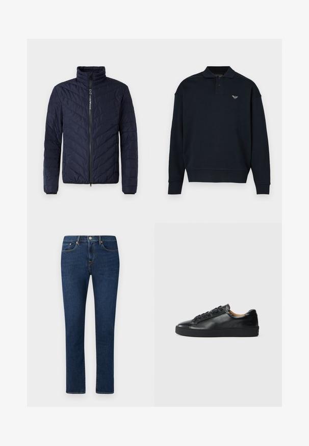 Marineblå isoleret jakke med høj krave, chevron-syningsmønster, frontlynlås og elastiske ærmer. Letvægts, slankt syntetisk materiale.; Marineblå sweatshirt med krave, lange ærmer, ribstrikkede manchetter og et lille logo på venstre bryst. Blød stoftekstur.; Mørkeblå denimjeans med lige ben, der har en klassisk fem-lomme stil og en knaplukning i taljen.; Sorte lædersneakers med en glat overflade, rund tå og snørebåndslukning. Har en tyk gummisål og minimal branddetalje.