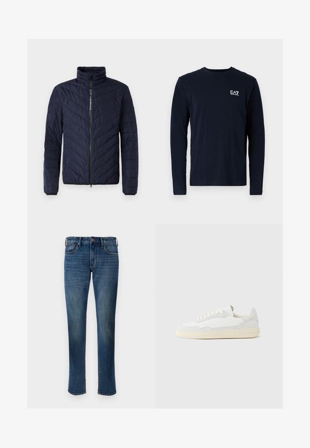 Marineblå isoleret jakke med høj krave, chevron-syningsmønster, frontlynlås og elastiske ærmer. Letvægts, slankt syntetisk materiale.; Navy langærmet t-shirt lavet af bomuld, med rund hals og et lille hvidt EA7-logo på venstre bryst. Glat tekstur.; Denim jeans i en medium blå vask. Har et lige ben design, fem-lomme stil, front lynlås og kontrast syninger.; Hvid sneakers med en øvre del i tekstureret ruskind og læder. Har rundet tå, snørelukning og kontrasterende beige gummisål.