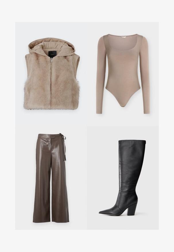 Beige ærmeløs vest med pels foran og kviltet stof bagpå. Har hætte og frontlynlås. Blød tekstur og enkelt design.; Beige heldragt med lange ærmer, scooped halsudskæring og tætsiddende design, vist mod en ensfarvet hvid baggrund.; Brune faux læder vide bukser med høj talje og sidesnor-detalje på hvid baggrund.; Sort læderknehøj støvle med spids tå og kraftig høj hæl, vist i venstre sideprofil på hvid baggrund.