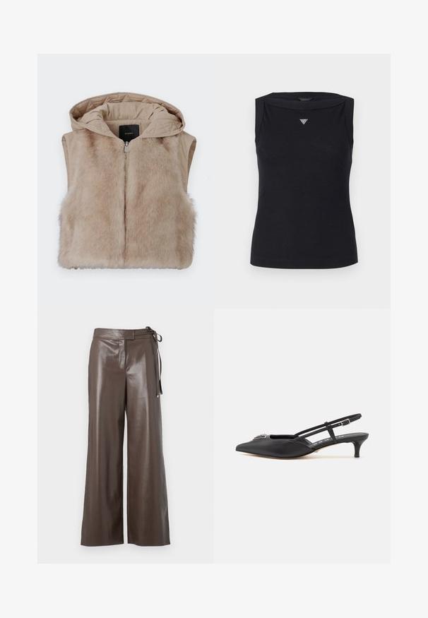 Beige ærmeløs vest med pels foran og kviltet stof bagpå. Har hætte og frontlynlås. Blød tekstur og enkelt design.; Sort ærmeløs top lavet af bomuld, med bådudskæring og et lille krystal trekantlogo på brystet. Glat tekstur.; Brune faux læder vide bukser med høj talje og sidesnor-detalje på hvid baggrund.; Sorte slingback-sko med spids tå, lavet af glat materiale, med en lille hæl og en dekorativ sølvaccent på vamps.