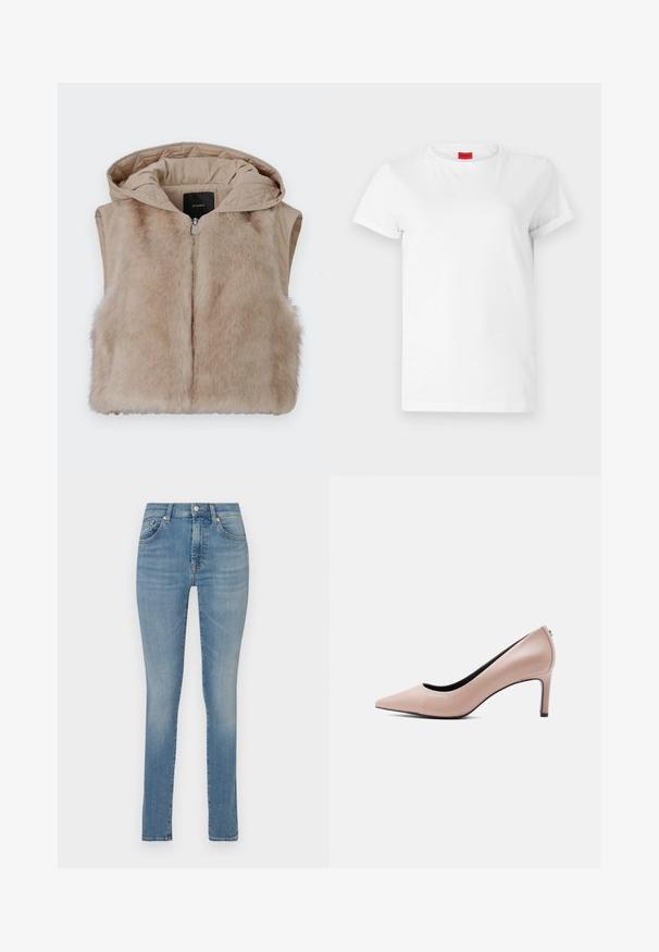 Beige liivita vest, millel on karusnahast eesmine osa ja tepitud kangas tagumine osa. Omab kapuutsi ja eesmist taljesidet. Pehme tekstuur ja lihtne disain.; Valkoinen lyhythihainen t-paita, joka on valmistettu kevyestä puuvillasta. Siinä on pyöreä pääntie ja käännetyt hihat. Kauluksessa on punainen logo-tunnus.; Vaaleansininen denim-farkut, kapeilla lahkeilla ja keskitason vyötäröllä, viisi taskua, hillitty haalistuma ja suora lahkeen leikkaus. Varustettu metallisella napilla ja vetoketjulla.; Beige värinen teräväkärkinen korkeakorkoinen kenkä ohuella piikkikorkokengällä valkoisella taustalla.