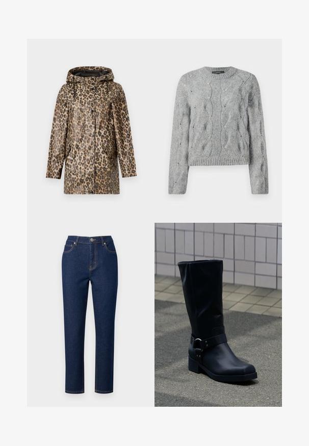 Regnfrakke med leopardmønster og hætte, med knaplukning og sidelommer. Sat mod en ensfarvet hvid baggrund.; Grå kabelstrik langærmet sweater med rund hals og ribbet manchetter og kant, præsenteret på hvid baggrund.; Mørkeblå denim jeans med lige pasform, som har lynlåsgylp, knaplukning og dekorativ stikning på lommer og sømme.; Sort læderstøvle midt på læggen med lav blokhæle og en dekorativ rem med metal spænde rundt om anklen, på en flisebelagt fortov.
