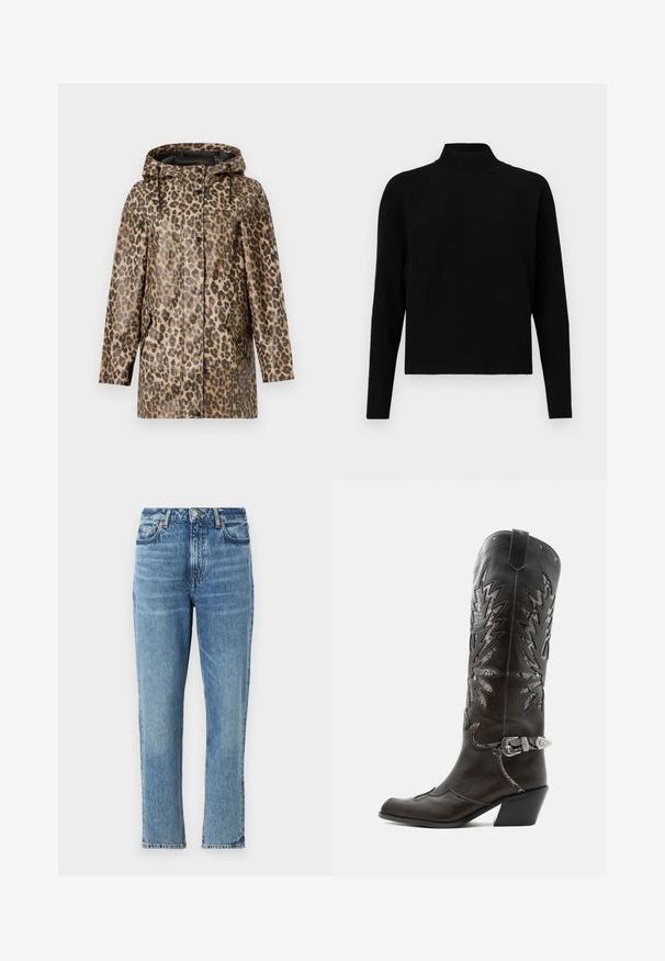 Regnfrakke med leopardmønster og hætte, med knaplukning og sidelommer. Sat mod en ensfarvet hvid baggrund.; JDY Knitted JDYPRIME Knitted - Striktrøje - black; Lyseblå denimjeans med høj talje, lige ben og slidt tekstur. Udstyret med sølvhardware og kontrasterende syninger.; Sort læder cowboystøvle med dekorative udskæringer, sølvspænde og skrå hæl, vist på hvid baggrund.
