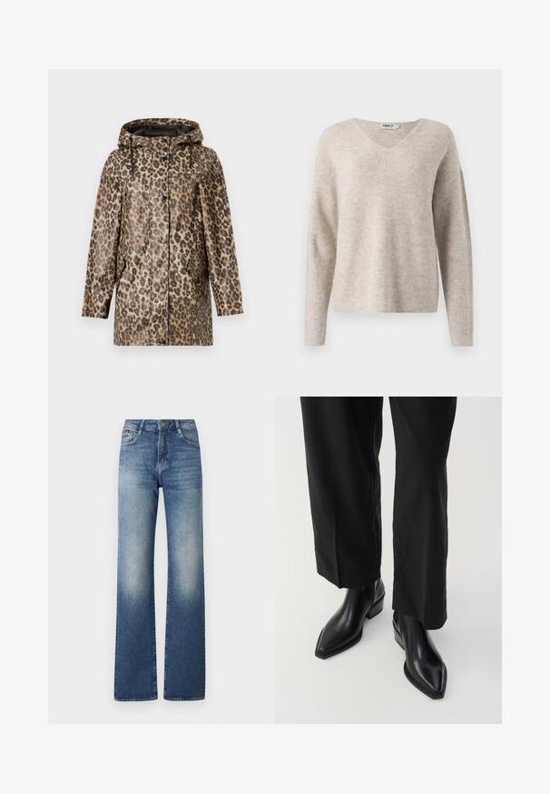 Leopardprint regenjas met een capuchon, voorzien van een knoopsluiting en zijzakken. Geplaatst tegen een effen witte achtergrond.; Beige gebreide trui met een V-hals, lange mouwen en een relaxte pasvorm. Kenmerkt zich door een gestructureerd ribpatroon. Merklabel zichtbaar binnen de halslijn.; Hoge taille blauwe spijkerbroek met een vervaagde afwerking, wijde benen, vijf zakken en metalen knopenluiting bij de taille.; Zwarte leren enkellaarzen met een spitse neus, een gladde textuur en een vierkante hak. Gecombineerd met zwarte, wijde broekspijpen, wat een stijlvolle silhoutte creëert.