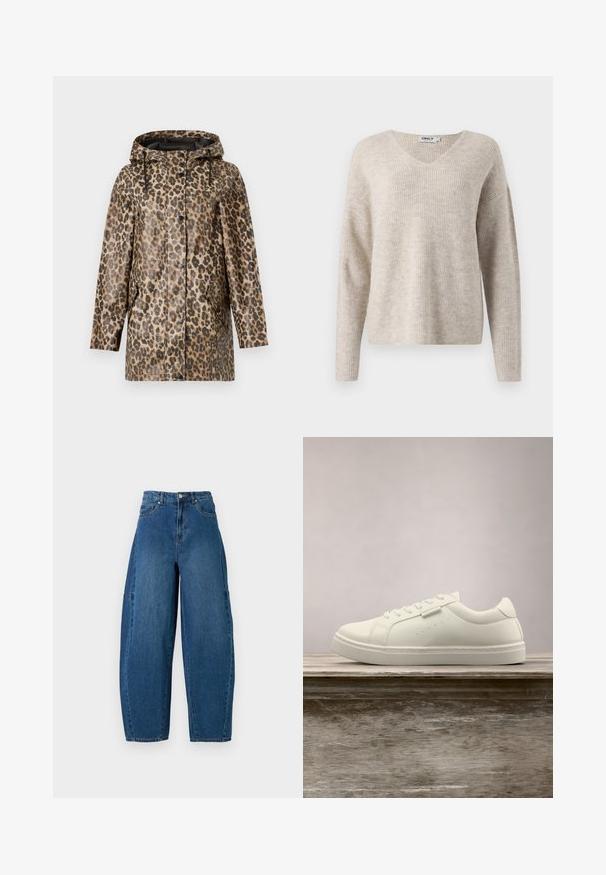 Regnfrakke med leopardmønster og hætte, med knaplukning og sidelommer. Sat mod en ensfarvet hvid baggrund.; Beige striktrøje med V-hals, lange ærmer og en afslappet pasform. Har et struktureret ribbet mønster. Brandlabel synlig inden i halsudskæringen.; Denimjeans i en mellemblå vask, med højt liv, bred benpasform og standard fem-lomme design med synlige stikninger.; Hvide lædersneakers med snørebånd svævende over en træbænk, grøn høj græs sløret i baggrunden udendørs.
