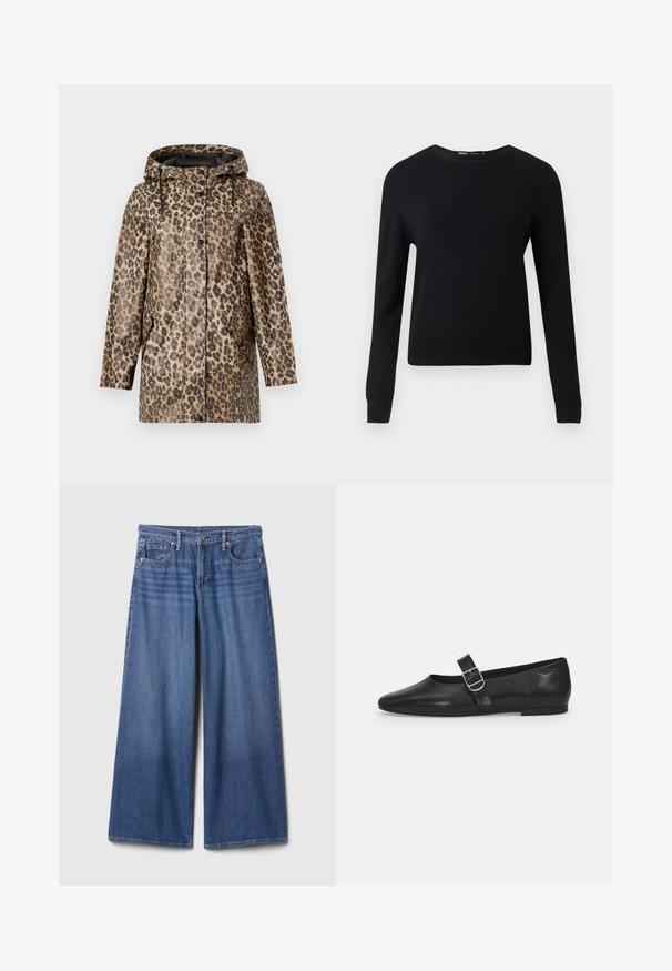 Leopardprint regenjas met een capuchon, voorzien van een knoopsluiting en zijzakken. Geplaatst tegen een effen witte achtergrond.; Zwarte trui met lange mouwen en een ronde hals, met geribbelde boorden en zoom, weergegeven tegen een effen lichtgrijze achtergrond.; Wijde denim jeans in medium blauw, met een hoge taille, vijf zakken en stikdetails. Gladde textuur, onversierde afwerking.; Zwarte leren platte schoen met een ronde neus, een enkele verstelbare gespsluiting en een gladde, glanzende textuur. Minimalistisch ontwerp met een lage hak.