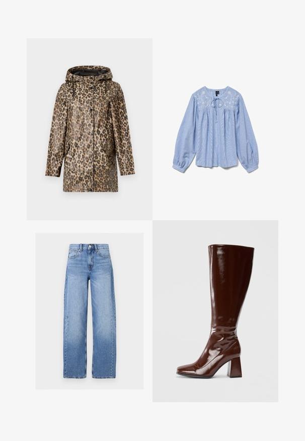 Leopardprint regenjas met een capuchon, voorzien van een knoopsluiting en zijzakken. Geplaatst tegen een effen witte achtergrond.; Lichtblauwe blouse met geborduurde bloemen, lange ballonmouwen, ronde halslijn en een strikje aan de hals, van een gestructureerde stof.; High waist, lichtblauwe denim jeans met brede pijpen, voorkant met knoop en rits, riemlussen en vijfzakkenstijl.; Kniehoge bruine laarzen van gepatenteerd leer met een vierkante neus, glanzende afwerking en een chunky hak voor stabiliteit. Naadloos ontwerp zonder zichtbare hardware.