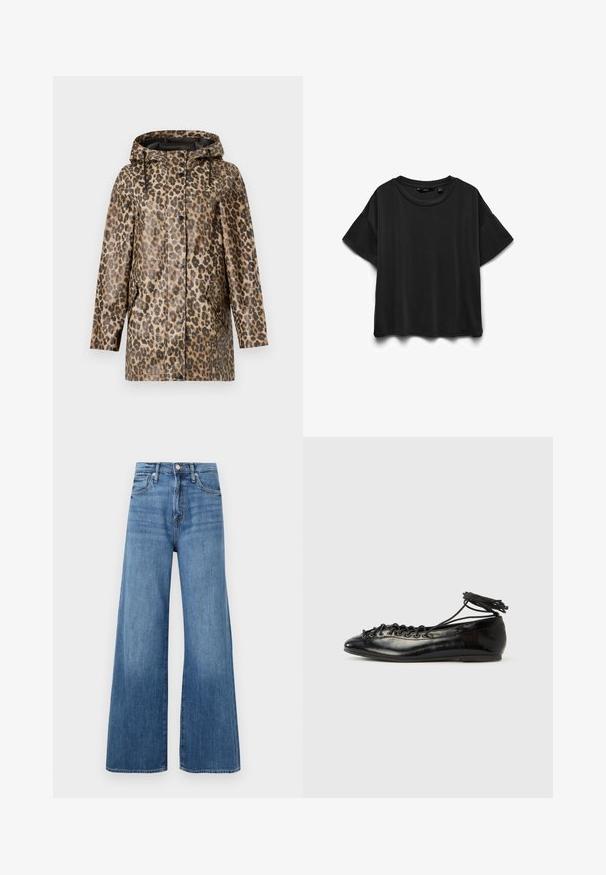 Leopardprint regenjas met een capuchon, voorzien van een knoopsluiting en zijzakken. Geplaatst tegen een effen witte achtergrond.; Zwart katoenen T-shirt met korte mouwen en ronde hals, plat neergelegd op een witte achtergrond.; Blauwe high-waisted wijde jeans met knoop- en ritsluiting, voorzakken en subtiele vervaging op de stof.; Zwarte ballerina's van lakleer met een afgeronde neus, veterdesign en een platte zool. Glad oppervlak met minimale details.