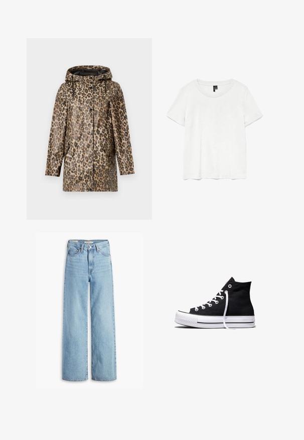 Regnfrakke med leopardmønster og hætte, med knaplukning og sidelommer. Sat mod en ensfarvet hvid baggrund.; Hvid kortærmet t-shirt med rund halsudskæring, lavet af letvægtsstof. Enkel design, glat tekstur og lige kant.; Højtaljede, lyseblå, vide bukser med knap og lynlås fortil, bæltestropper og fem lomme-stil.; Sort high-top canvas sneaker med hvid gummisål og hvide snørebånd, vist fra siden mod en hvid baggrund.