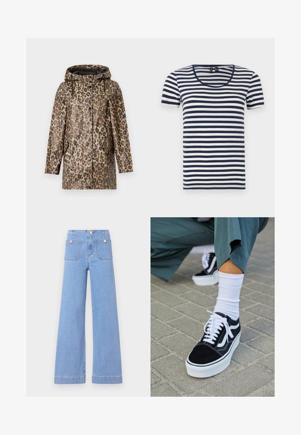 Regnfrakke med leopardmønster og hætte, med knaplukning og sidelommer. Sat mod en ensfarvet hvid baggrund.; Stribet T-shirt med korte ærmer, der har marineblå og hvide vandrette striber, en rund halsudskæring og et blødt bomuldsstof.; Lysblå vide jeans med høj talje, to baglommer og guldtonede knapper. Lavet af denim med en glat overflade og rent finish.; Sorte ruskinds sneakers med hvide accenter og snørebånd, der har en tyk hvid sål og kontrasterende syninger, parret med en hvid sok.