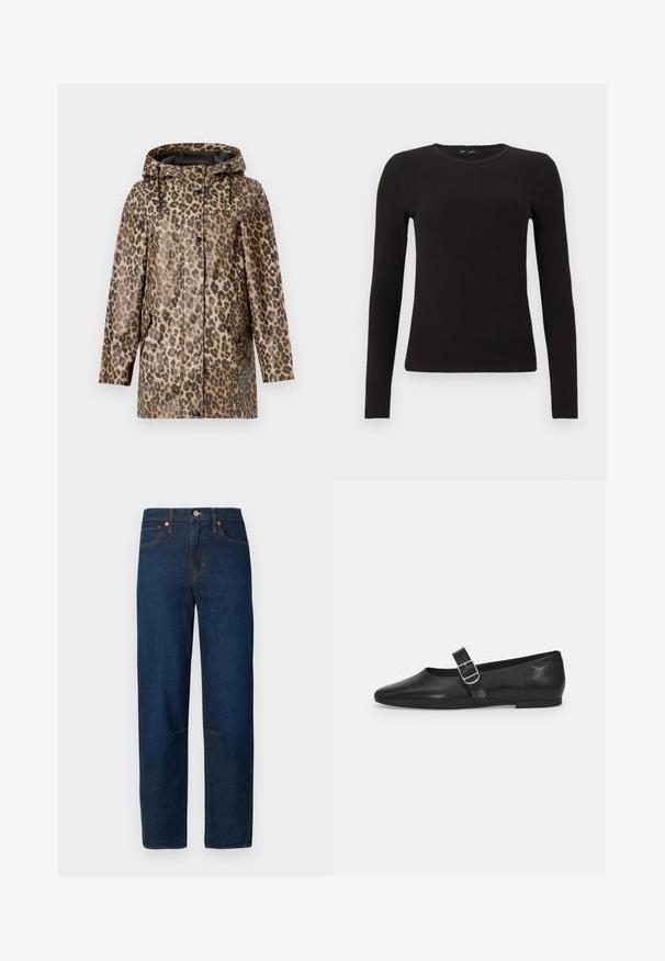 Regnfrakke med leopardmønster og hætte, med knaplukning og sidelommer. Sat mod en ensfarvet hvid baggrund.; Sort, langærmet ribstrikket sweater med rund halsudskæring, slank pasform og subtilt mønster, vist på en ensartet hvid baggrund.; Mørkeblå jeans lavet af denim, med en lige ben-snit, fem-lomme design og kontrastsyningsdetaljer. Ingen pynt.; Sorte læder flade sko med rund tå, et enkelt justerbart spænde og en glat, blank overflade. Minimalistisk design med en lav hæl.