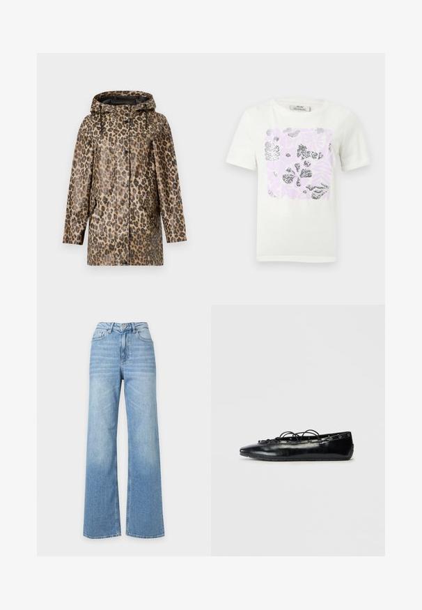 Regnfrakke med leopardmønster og hætte, med knaplukning og sidelommer. Sat mod en ensfarvet hvid baggrund.; Hvid t-shirt med korte ærmer og et firkantet design med lyserøde og metallisk sølvfarvede abstrakte blomsterformer på forsiden.; Lyseblå jeans med høj talje og vide ben med forlommer, bæltestropper og knaplukning.; Sort spids flad sko med snørebånd foran og øjet detaljer langs kanterne, vist på en hvid baggrund.