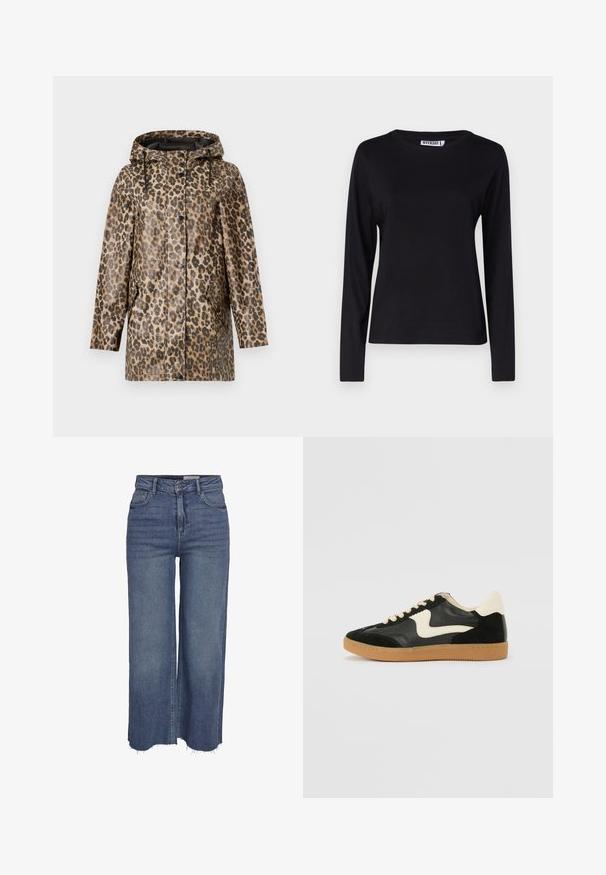 Leopardprint regenjas met een capuchon, voorzien van een knoopsluiting en zijzakken. Geplaatst tegen een effen witte achtergrond.; Zwarte T-shirt met lange mouwen en ronde hals, gemaakt van zachte katoen, met een eenvoudig ontwerp, minimale naden en geen zichtbare graphics.; Blauwe wijde jeans met hoge taille, voor knop, rits, vijf zakken en rafelige zoom.; Zwarte suède en leren sneaker met een crèmekleurige zij-swoosh en lichte crèmekleurige hiel. Voorzien van beige veters en een gumrubberen zool.