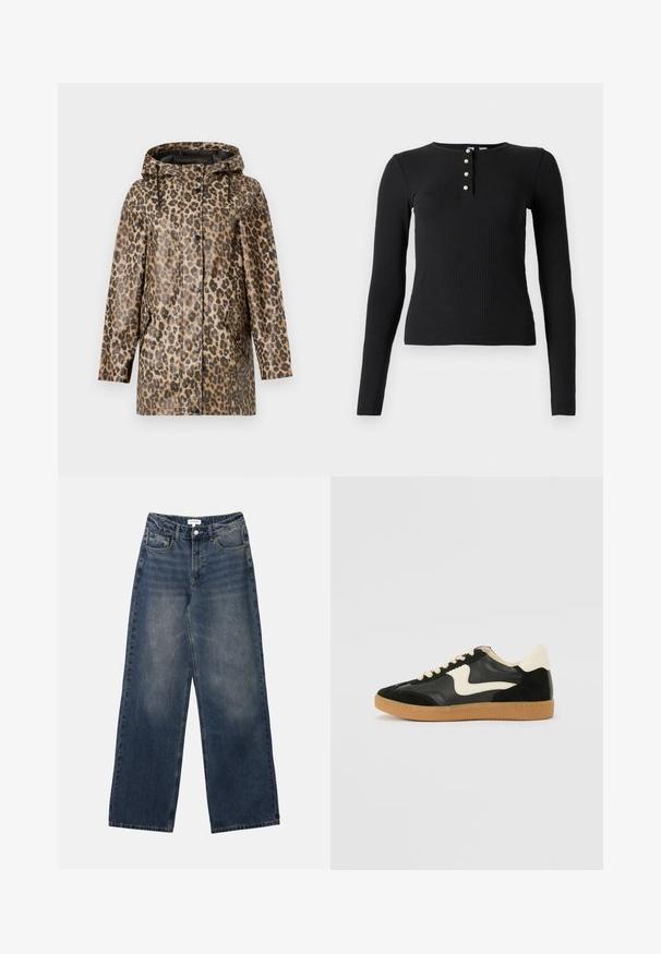 Regnfrakke med leopardmønster og hætte, med knaplukning og sidelommer. Sat mod en ensfarvet hvid baggrund.; Sort langærmet ribbede top med rund halsudskæring og fem knaplukninger med små, lysfarvede knapper. Blød tekstur, tætsiddende design.; Mænds højtaljede blå denim jeans med brede ben, frontknap og lynlås samt for- og baglommer.; Sorte ruskinds- og lædersneakers med en cremefarvet side-swoosh og lys cremefarvet hæl. Har beige snørebånd og en gummirubber-sål.
