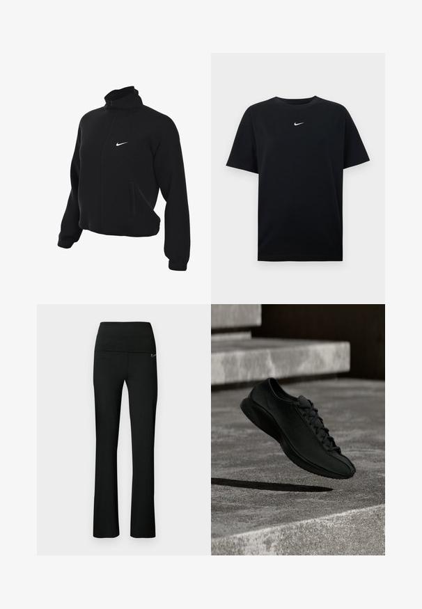 Μαύρο μπουφάν Nike με φερμουάρ και ψηλό γιακά, με λεία υφή, δύο πλαϊνές τσέπες και ένα μικρό λευκό λογότυπο στο στήθος.; Μαύρο βαμβακερό t-shirt με στρογγυλή λαιμόκοψη και κοντά μανίκια. Διαθέτει μικρό λευκό λογότυπο Nike στο κέντρο του στήθους. Ομαλή υφή.; Μαύρο αθλητικό παντελόνι με εφαρμοστή μέση και φαρδιά μπατζάκια. Κατασκευασμένο από ελαστικό ύφασμα, με μικρό λογότυπο στη μία πλευρά.; Μαύρο αθλητικό παπούτσι με λεία υφή, στρογγυλεμένη μύτη και επίπεδη σόλα. Διαθέτει διακριτικό λογότυπο και παραδοσιακό σύστημα κορδονιών, αιωρούμενο πάνω από σκυρόδεμα.