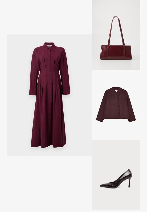 Chaqueta burdeos con un diseño corto, mangas anchas y un escote en V profundo. Presenta cuatro botones negros en la parte delantera y una tela texturizada.; Vestido de manga larga, de un profundo burdeos, con botones y cuello, cintura ajustada y falda acampanada colgado sobre un fondo blanco.; Zapato de tacón alto de cuero negro con punta afilada y tacón de aguja delgado sobre un fondo claro y liso.; Bolso burdeos hecho de material brillante, de forma rectangular, con dos asas para el hombro y sutiles acentos curvados en la parte frontal.
