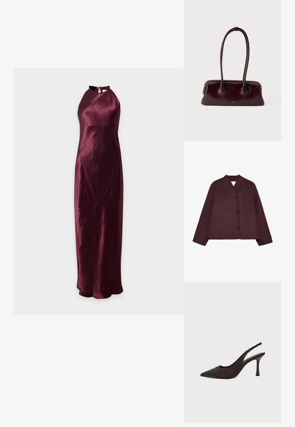Chaqueta burdeos con un diseño corto, mangas anchas y un escote en V profundo. Presenta cuatro botones negros en la parte delantera y una tela texturizada.; Vestido de noche sin mangas de satén burdeos con cuello halter alto y cierre de botones en la parte trasera, silueta larga hasta el suelo.; Zapato de tacón alto tipo slingback de cuero y ante negro y marrón oscuro con punta afilada y tacón de aguja delgado sobre fondo blanco.; Bolso de mano de cuero marrón oscuro brillante con asas largas y finas y una base rectangular estructurada sobre un fondo claro y liso.