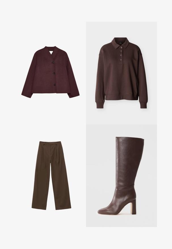 Chaqueta burdeos con un diseño corto, mangas anchas y un escote en V profundo. Presenta cuatro botones negros en la parte delantera y una tela texturizada.; Camisa tipo polo marrón de manga larga con cuatro botones, puños acanalados y un dobladillo acanalado sobre un fondo blanco liso.; Pantalones de pierna ancha marrones con una textura suave, que cuentan con pliegues frontales, una cintura alta y un diseño clásico adecuado para diversas ocasiones.; Botín de cuero marrón hasta el tobillo con punta afilada y un tacón alto en bloque, que presenta una textura suave y un diseño ajustado.