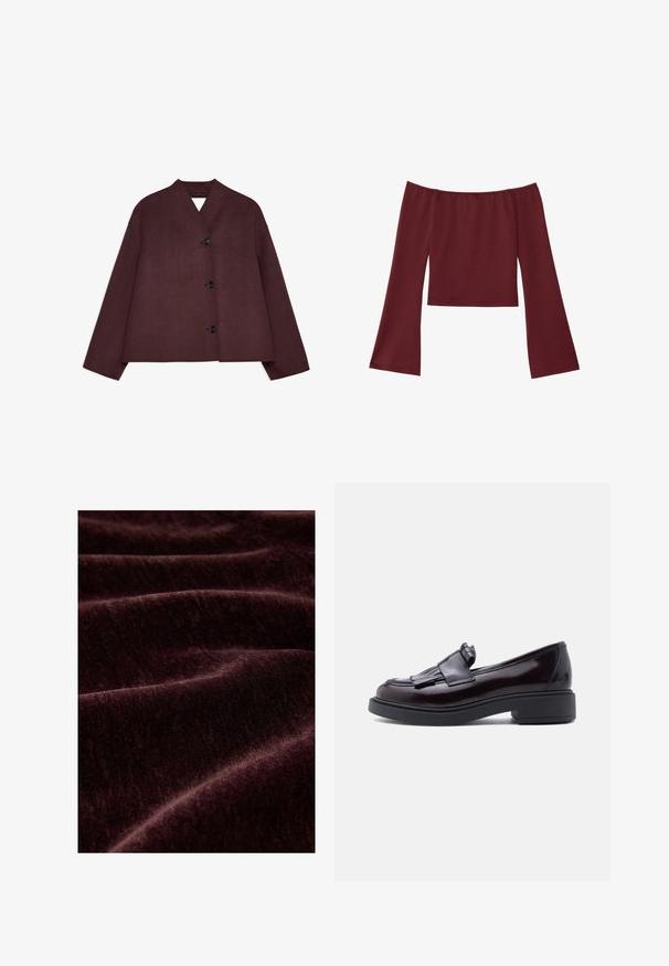 Veste bordeaux avec un design court, des manches larges et un décolleté en V profond. Présente quatre boutons noirs à l'avant et un tissu texturé.; Haut court décolleté en bourgogne profond avec de longues manches larges en forme de cloche et un décolleté droit.; Tissu bordeaux présentant une surface douce et texturée avec de légers plis et des variations subtiles d'ombrage, capturé en gros plan.; Mocassins en cuir bordeaux foncé brillant avec détail de bride à franges, semelle noire et petit talon bloc, présentés de profil sur un fond clair.