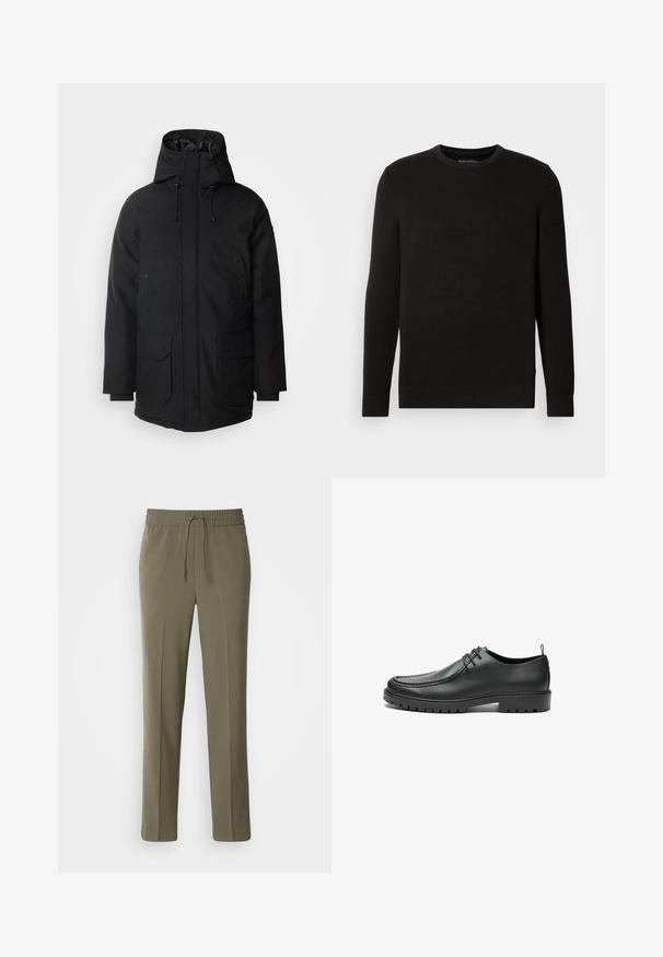 Schott Wintermantel - black; Schwarzer gestrickter Rundhals-Pullover mit langen Ärmeln, strukturiertem Stoff, gerippten Bündchen und Saum, mit einem kleinen Logo auf der Brust.; Olivengrüne, leichte Hose mit elastischem Bund und verstellbarem Kordelzug; gerades Bein Design und glatte Textur.; Schwarze Lederschuhe mit glatter Oberfläche, runder Zehenform und dekorativer Naht. Mit einer Gummisohle mit Traktionsrillen und Schnürdesign.