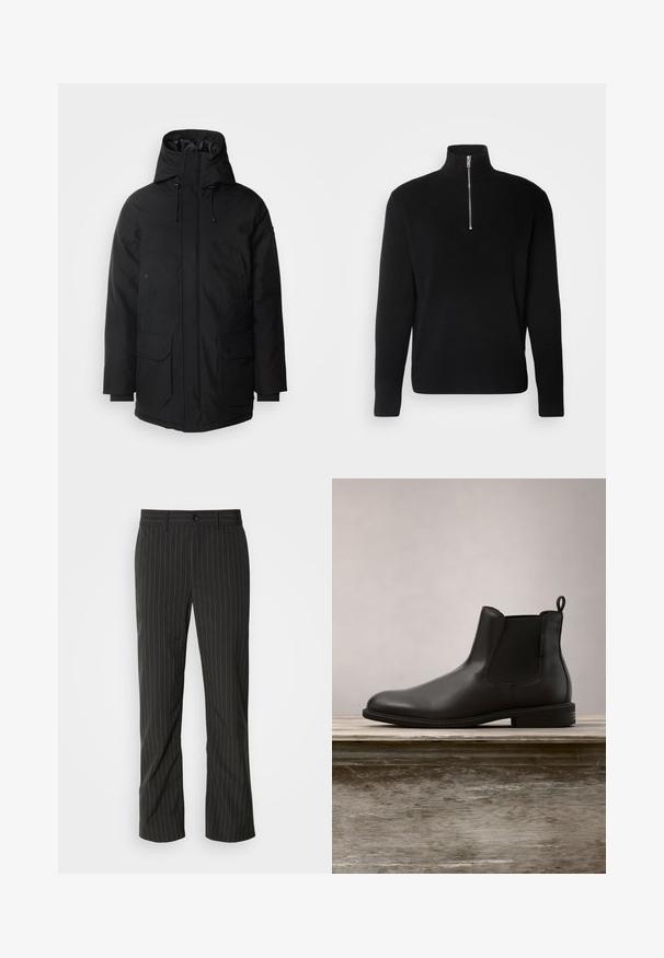 Schott Wintermantel - black; Lindbergh HALF ZIP RIB KNIT - Strickpullover - black; Schwarze, gestreifte Stoffhose mit geradem Schnitt. Sie hat eine glatte Textur, einen Frontknopfverschluss und Gürtelschlaufen.; Schwarze Leder-Stiefelette mit glatter Textur, gerundetem Zehenbereich, elastischen seitlichen Einsätzen und einer Zuglasche, auf einer Holzoberfläche platziert.