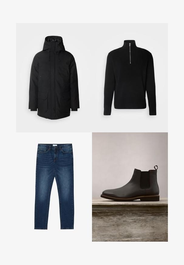 Schott Wintermantel - black; Lindbergh HALF ZIP RIB KNIT - Strickpullover - black; Dunkelblaue Slim-Fit-Jeans mit ausgewaschenen Details, klassischem Fünf-Taschen-Design, Knopfverschluss und Gürtelschlaufen.; Schwarze Leder Chelsea-Stiefel mit elastischen Seiteneinsätzen und runder Zehenform, ausgestattet mit einer strukturierten Sohle und subtilen Steppnähten, erhöht über einer Holzoberfläche.