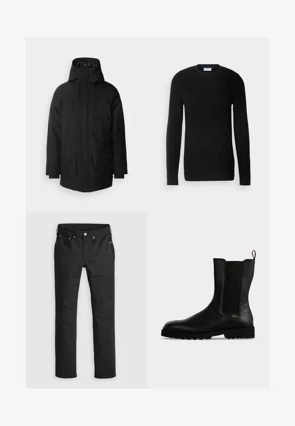 Schott Wintermantel - black; Schwarzer Pullover mit langen Ärmeln, gerippter Textur, rundem Ausschnitt und eng anliegenden Bündchen. Hergestellt aus einem weichen, dehnbaren Material.; Schwarze Jeanshose mit geradem Bein, ausgestattet mit einem Reißverschluss, fünf Taschen und Metallknopf-Akzenten. Glatte Textur.; Schwarzer Leder-Stiefelette mit elastischem Seitenteil, grober Sohle und Zuglasche hinten, mit kleinem goldenem "Hugo" Logo nahe der Ferse.