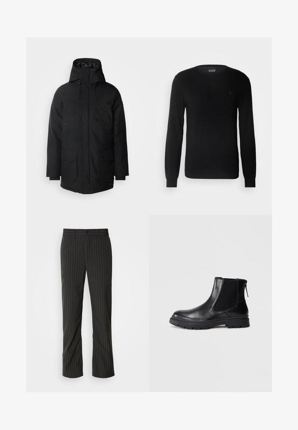 Schott Talvemantel - black; Must mustriga särk, millel on ümmargune kaelus, pikad varrukad ja rindkere peal väike tikitud logo. Pehme tekstuur ja sobiv disain.; Musthave sirgedega mustad püstkirjaga püksid otse lõikega. Omab siledat tekstuuri, eesotavat nööbnuppu ja vöökohas olevaid silte.; Mustad musta nahkade ankle boot, millel on sile viimistlus, elastsed võrkkangast külgpaneelid ja tugev põhi, millel on nähtav mustrimuster.
