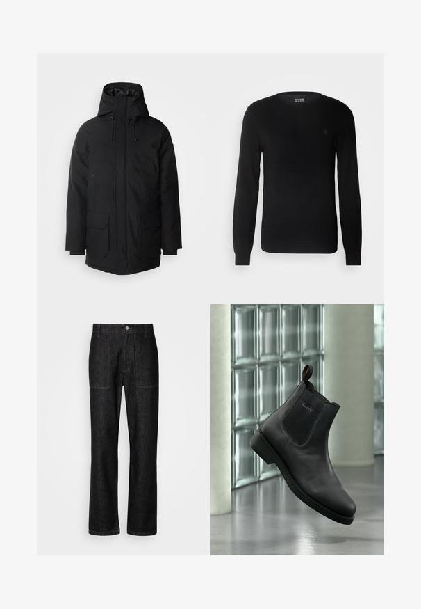 Schott Wintermantel - black; Schwarzer Strickpullover mit Rundhalsausschnitt, langen Ärmeln und kleinem gesticktem Logo auf der Brust. Weicher Griff und taillierte Passform.; Schwarze Jeans mit geradem Bein, sichtbaren Nähten und einem Frontknopfverschluss. Enthält zwei Seitentaschen und zwei Gesäßtaschen.; Schwarzer Lederknöchelboot mit elastischem Seiteneinsatz und Zuglasche, dargestellt in modernem Innenraum mit Glasblockwand im Hintergrund.