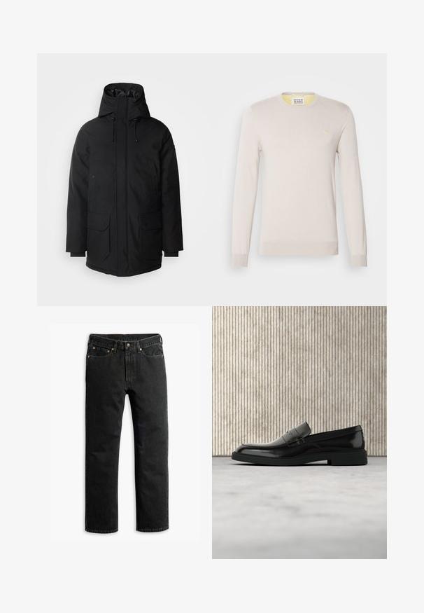 Schott Vinterfrakke - black; Lys beige strikket sweater med lange ærmer, rund halsudskæring og subtile ribbede manchetter. Har et lille guld logo på brystet.; Sorte lige ben denim jeans med fem lommer, bæltestropper og en knaplukning i taljen, lagt fladt på en hvid baggrund.; Sort poleret læderloafer flydende over beige tæppe med orange gennemsigtigt møbel i baggrunden.