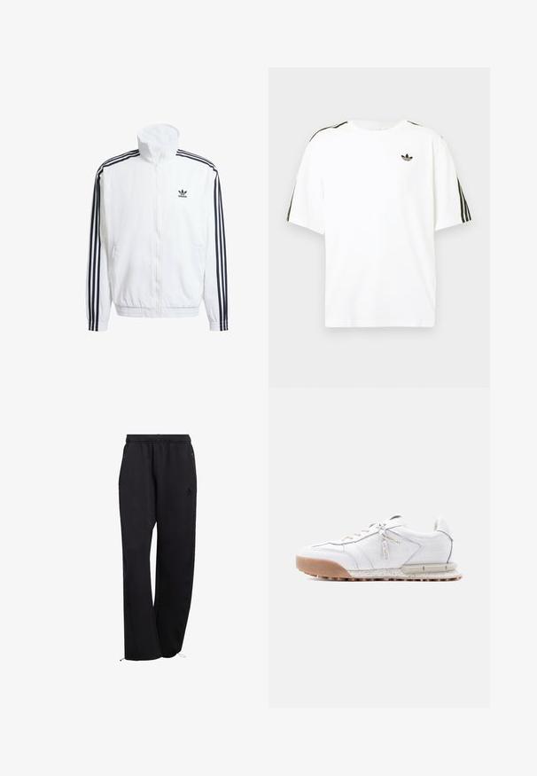 Valkoinen vetoketjullinen takki korkealla kauluksella, jossa on mustat kolmonauha-akcentit hihoissa ja pieni musta adidas-logo rinnassa.; Valkoinen puuvillapaita lyhyillä hihoilla, jossa on mustat kolmonauha-akselit hartioilla ja pieni musta logo rinnassa.; Mustat pehmeästä kankaasta valmistetut jogger-housut, joissa on joustava vyötärönauha, sivutaskut ja säädettävät nilkkacuffit. Hienovarainen logotunnus.; Valkoinen urheilutossu, jossa on teksturoitu kevyt muotoilu, paksu vaaleanruskea kumipohja ja hillityt kuviot. Varustettu tunnisteella.