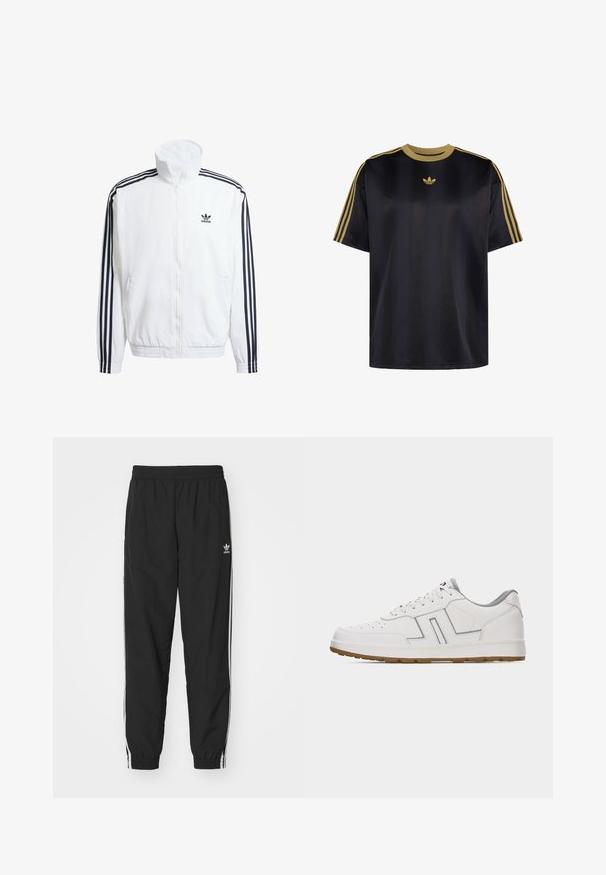 Valkoinen vetoketjullinen takki korkealla kauluksella, jossa on mustat kolmonauha-akcentit hihoissa ja pieni musta adidas-logo rinnassa.; Musta Adidas T-paita, jossa on kultainen pyöreä kaulus, kolme kultaisenväristä raitaa hihoissa ja pieni kultainen Adidas-trefoil-logo rinnan keskellä.; Mustat urheiluhousut, joissa on joustava vyötärö ja lahkeiden resorit, valkoiset sivustripit ja pieni valkoinen Adidas-logo vasemmalla lantiolla.; Valkoinen matalavartinen tennari, jossa harmaa vuori, rei'itetty kärkiosa, ommellut paneeliyksityiskohdat, valkoiset nauhat ja kumipohja, yksinkertaisella taustalla.