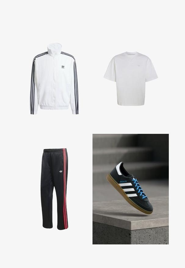 Biela zapínacia bunda s vysokým golierom, s čiernymi trojpruhovými akcentmi na rukávoch a malým čiernym logom adidas na hrudi.; Biele tričko s krátkym rukávom a okrúhlym výstrihom, s jemnými rebrovanými pruhmi na pleciach a malým svetlosivým logom Adidas na ľavej strane hrude.; Čierne športové nohavice s vertikálnou rebrovanou textúrou, s červenými a bielymi bočnými pruhmi a malým bielym logom na ľavej nohe.; Čierna teniska Adidas s bielymi pruhmi, modrými šnúrkami a gumovou podrážkou, ktorá sa vznáša nad sivým betónovým schodom v mäkkom svetle.