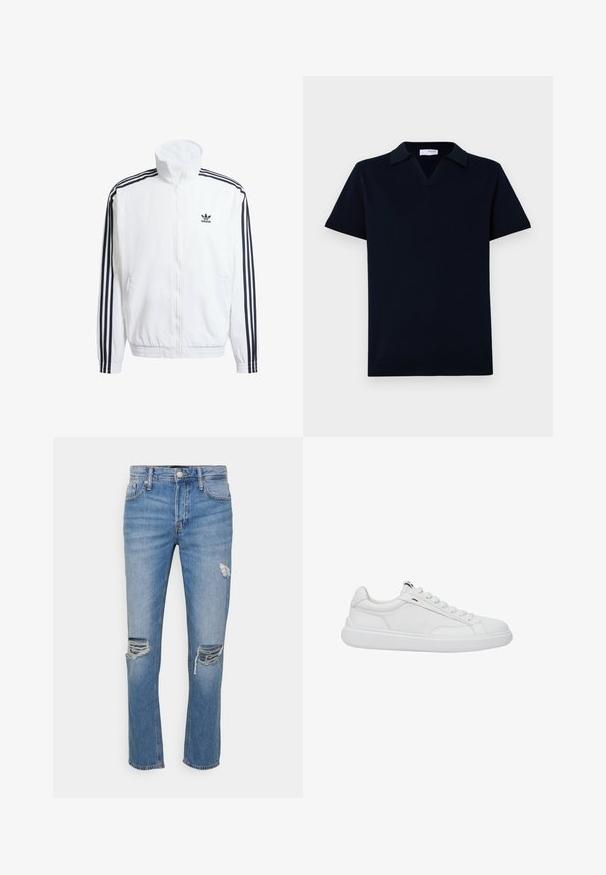 Hvid zip-up jakke med høj krave, pyntet med sorte tre-stribede accenter på ærmerne og et lille sort adidas-logo på brystet.; Mørkeblå strikket polo med V-udskæring, korte ærmer og flad krave. Ribbet nederdel og manchetter med en glat overflade.; Jack & Jones JJIMIKE JJORIGINAL - Jeans Relaxed Fit - blue denim; Hvid lavtop sneaker med snørebånd, glat læderoverdel og tekstureret gummisål, vist i sideprofil på en ensfarvet baggrund.