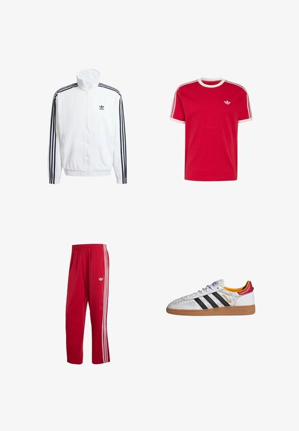 Hvid zip-up jakke med høj krave, pyntet med sorte tre-stribede accenter på ærmerne og et lille sort adidas-logo på brystet.; Rød kortærmet Adidas T-shirt med hvid rund krave og ærmekanter, hvide tre striber på skuldrene, lille trebladet logo på venstre bryst.; Røde Adidas træningsbukser med elastisk talje, hvide sidelister og Trefoil-logo på højre lår mod hvid baggrund.; Hvid Adidas Spezial sneaker med sorte striber, gummisål, quiltet mønster, rød hælflap og gul inderfor, set fra siden.