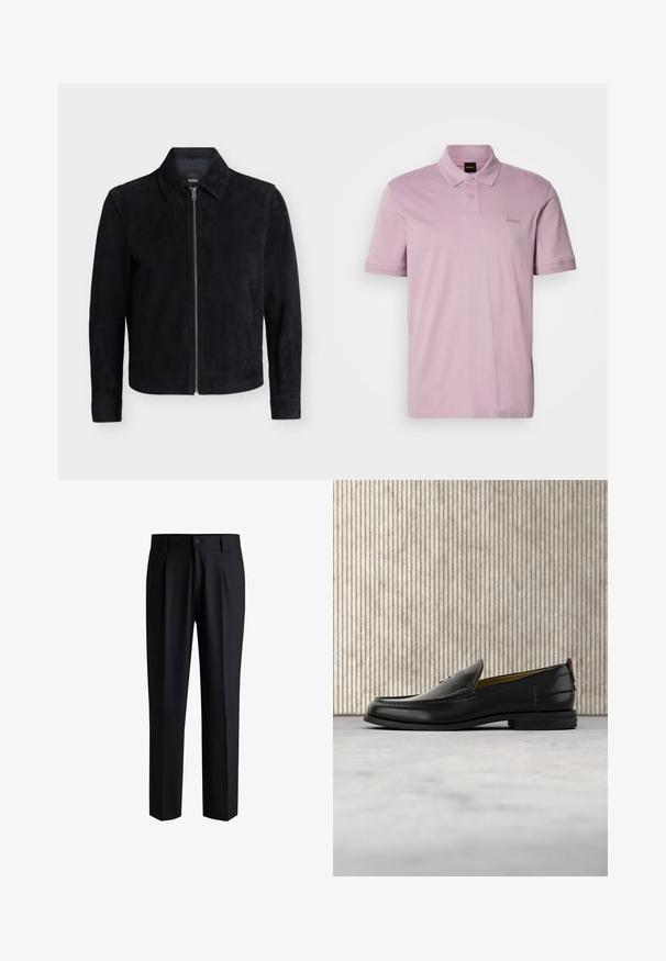 Veste en daim noire avec fermeture éclair devant, manches longues, poches latérales et col classique, présentée sur un fond blanc uni.; Polo rose clair en coton, avec col, deux boutons, et un petit logo « BOSS » brodé dans un fil assorti sur la poitrine gauche.; Pantalons noirs en tissu lisse, avec une coupe droite, des plis à l'avant et une fermeture à bouton avec passants de ceinture.; Mocassin pour homme en cuir noir avec un dessus embossé effet croco et un petit talon, présenté de profil sur un fond neutre.