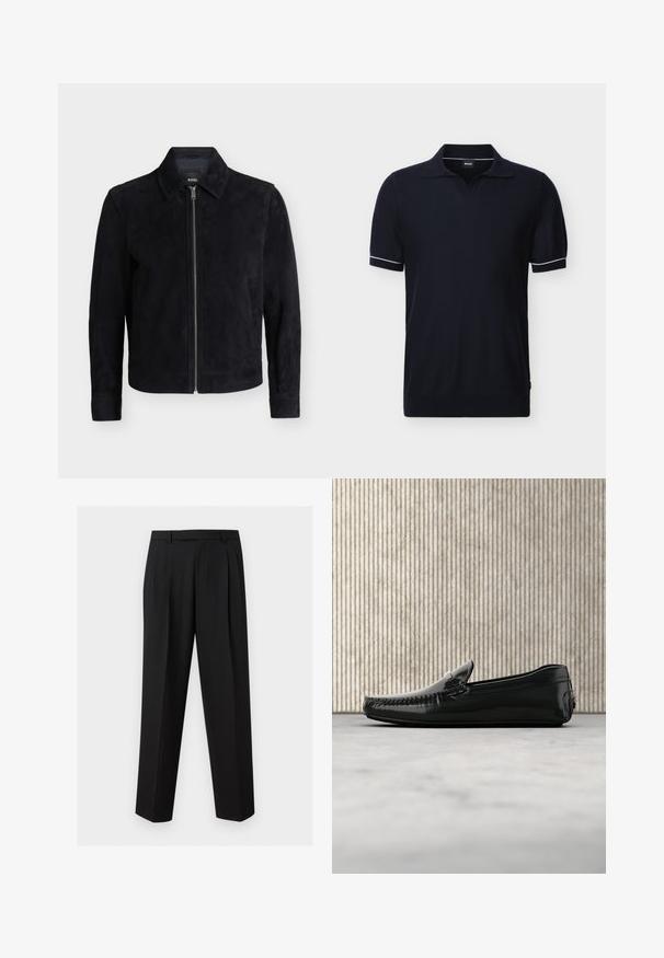 Veste en daim noire avec fermeture éclair devant, manches longues, poches latérales et col classique, présentée sur un fond blanc uni.; Polo noir à manches courtes avec bordure blanche sur les poignets et col ouvert, présenté sur un fond clair uni.; Pantalon noir sur mesure avec jambes droites, plis à la taille, passants de ceinture et poches latérales fendues, présenté sur un fond uni.; Mocassins en cuir noir avec une finition brillante, bout rond et quincaillerie décorative à l'avant. Semelle en caoutchouc à profil bas. Texture lisse.