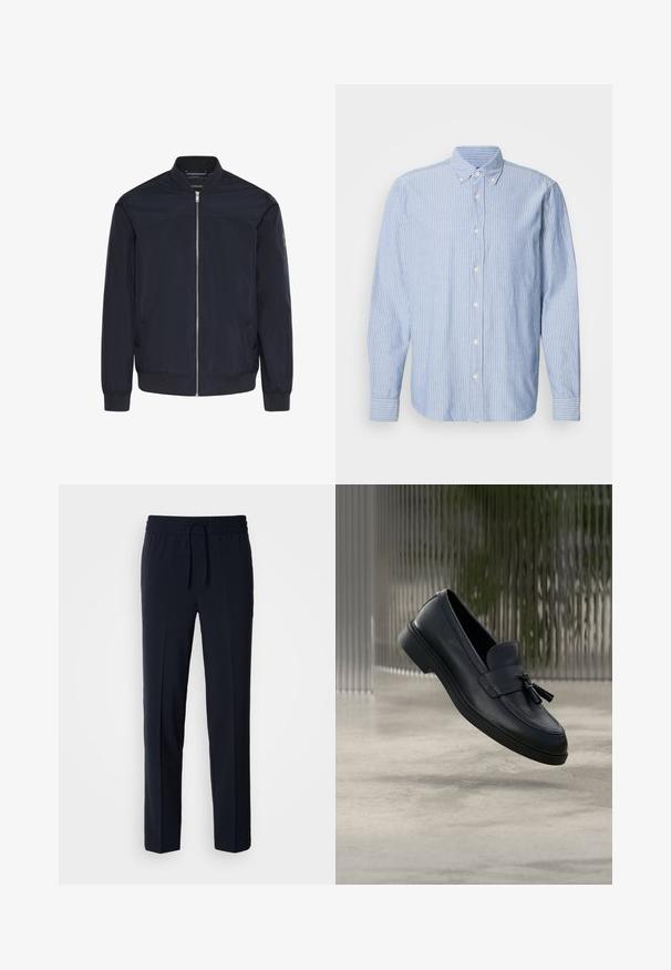 Chaqueta bomber azul marino hecha de tela lisa, con cremallera frontal, puños acanalados y dos bolsillos laterales con un detalle de marca sutil.; Camisa de botones en azul claro con rayas blancas, que presenta un cuello clásico y mangas largas. Confeccionada en tejido tejido con una textura suave.; Pantalones ligeros azul marino con cintura elástica y cordón ajustable, que presentan un diseño de corte recto y una textura suave.; Mocasines de cuero negro con textura suave, punta redondeada y borlas decorativas en el frente. Suela de goma flexible con tacón bajo.