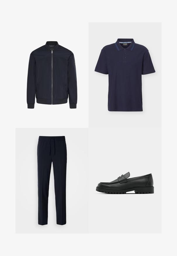 Marineblå bomberjakke lavet af glat stof, med en forlynlås, ribstrikkede manchetter og to sidelommer med diskret brandingdetalje.; Marineblå kortærmet poloshirt med tre-knaps slidse og kontrastfarvet blå stribe på kraven.; Marineblå, letvægtsbukser med elastisk talje og justerbar snor, med lige pasform og glat tekstur.; Sorte læder loafers med rund tå, der har et syet design, lav platformssål og en struktureret, skridsikker gummisål.