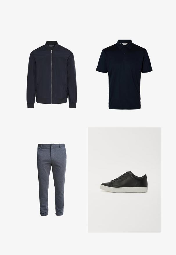 Veste bomber bleu marine en tissu lisse, dotée d'une fermeture éclair frontale, de poignets côtelés et de deux poches latérales avec un détail de branding subtil.; Polo noir à manches courtes avec col et deux boutons sur le devant, design simple sans logos ni motifs visibles.; Pantalon ajusté gris foncé pour homme avec fermeture à boutons et passants pour ceinture, présenté sur un fond blanc.; Baskets en cuir noir avec un bout rond, semelle plate en caoutchouc blanc et lacets à six œillets. Texture lisse, style minimaliste.