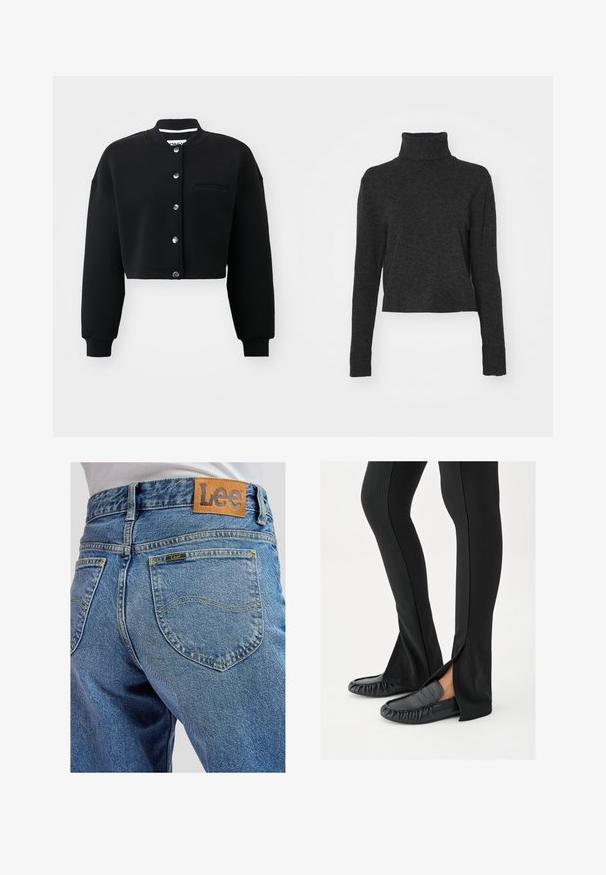 Sort cropped sweatshirt med rund hals, sølvfarvede trykknapper og en forlommek. Lavet af blødt stof med ribbede manchetter.; Sort cropped turtlenektrøje i et blødt, struktureret stof med lange ærmer og ribbede detaljer ved kraven og kanten.; Blå denimbukser med baglommer med gule syninger og et brunt lædermærke med Lee-brand på linningen.; Ben iført sorte flagrende bukser med sideslids, kombineret med sorte lædermoccasins på en hvid baggrund.