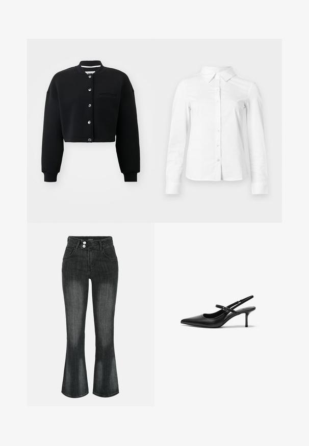 Schwarzes, verkürztes Sweatshirt mit Rundhalsausschnitt, silbernen Druckknöpfen und einer Fronttasche. Hergestellt aus weichem Stoff mit Rippbündchen.; Weißes langärmeliges Hemd mit spitzem Kragen, geradem Saum und taillierter Silhouette, auf hellem, einfarbigem Hintergrund dargestellt.; Schwarze gewaschene Denim-Jeans mit hoher Taille, Doppelknopfverschluss, Vordertaschen und leicht ausgestellten Beinen.; Schwarze Leder Slingback-Absätze mit einer spitzen Zehenform, schmalem verstellbarem Riemen und einem etwa 5 cm hohen Stiletto-Absatz, glatte Textur.