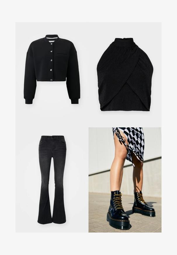 Sort cropped sweatshirt med rund hals, sølvfarvede trykknapper og en forlommek. Lavet af blødt stof med ribbede manchetter.; Sort halterneck-top i struktureret stof med høj hals, samlingdetaljer og omslagstyling med en cropped nederkant.; Sorte bell-bottom jeans lavet af denim, med en høj talje, frontlommer, knaplukning og en ren finish ved kanten.; Sorte læder platform støvler med chunky såler, guld snørebånd og orange syninger, kombineret med en ternet nederdel med en sideslids.