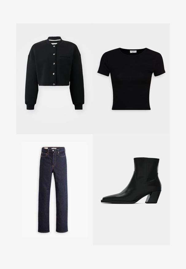 Sort cropped sweatshirt med rund hals, sølvfarvede trykknapper og en forlommek. Lavet af blødt stof med ribbede manchetter.; Sort kortærmet t-shirt lavet af glat bomuldsstof, med rund halsudskæring og en tætsiddende pasform. Minimalistisk uden synlige mønstre.; Mørkeblå straight-leg denim jeans med fem lommer og synlig orange syning på hvid baggrund.; Sortlæder ankelstøvle med spids tå, en slank silhuet og en kraftig firkantet hæl. Glat tekstur med minimale stikninger.