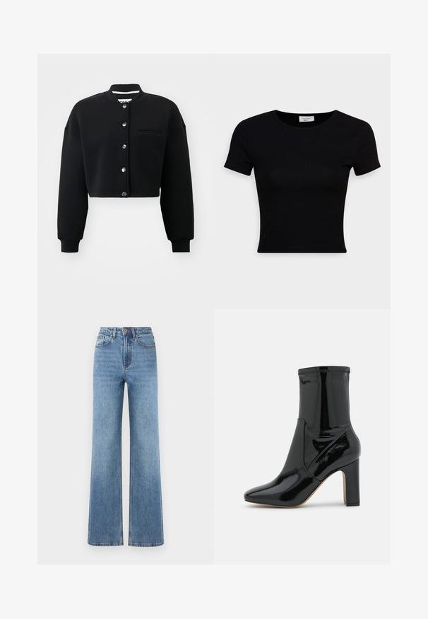 Sort cropped sweatshirt med rund hals, sølvfarvede trykknapper og en forlommek. Lavet af blødt stof med ribbede manchetter.; Sort kortærmet t-shirt lavet af glat bomuldsstof, med rund halsudskæring og en tætsiddende pasform. Minimalistisk uden synlige mønstre.; Lyseblå denim bredbenede bukser med høj talje, featuring en knaplukning, fire lommer og en ren kant med subtil blegning.; Call it Spring Støvletter - black