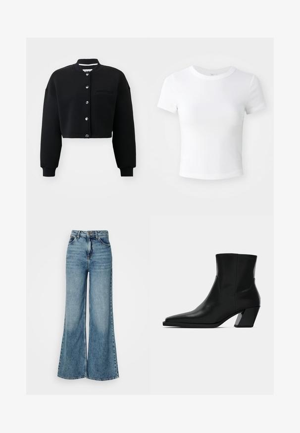 Sort cropped sweatshirt med rund hals, sølvfarvede trykknapper og en forlommek. Lavet af blødt stof med ribbede manchetter.; Simpel hvid kortærmet cropped t-shirt med rund halsudskæring, præsenteret på en neutral lys baggrund.; Højtaljede, lyseblå, vide denim jeans med for-lommer og knaplukning, vist mod en simpel hvid baggrund.; Sortlæder ankelstøvle med spids tå, en slank silhuet og en kraftig firkantet hæl. Glat tekstur med minimale stikninger.