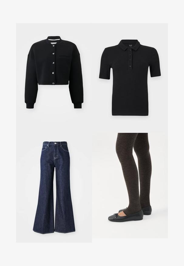 Sweat-shirt noir court avec un col rond, des boutons-pression en métal argenté et une poche avant. Fabriqué en tissu doux avec des poignets côtelés.; Polo noir à manches courtes côtelé avec quatre boutons et un col plié, posé à plat sur un fond blanc.; Jean flare en denim foncé avec taille haute, présentant une fermeture à bouton et zip. Des coutures blanches et des jambes larges créent une silhouette structurée.; Jambes portant des leggings côtelés foncés associés à des ballerines noires avec de petits détails en nœud sur fond blanc.