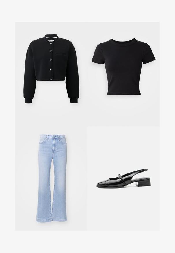 Sweat-shirt noir court avec un col rond, des boutons-pression en métal argenté et une poche avant. Fabriqué en tissu doux avec des poignets côtelés.; T-shirt noire courte en coton solide, à manches courtes et col rond, avec un design lisse et simple.; Jean évasé bleu clair à taille haute, texture en denim, poches avant et fermeture à boutons. Finition propre à l'ourlet.; Chaussure slingback en cuir verni noir avec un petit talon bloc et une fine bride avec une boucle argentée sur le dessus.