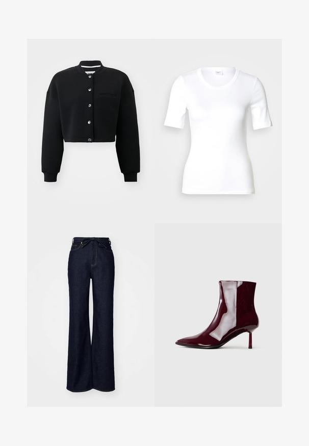 Sort cropped sweatshirt med rund hals, sølvfarvede trykknapper og en forlommek. Lavet af blødt stof med ribbede manchetter.; Hvid T-shirt med korte ærmer lavet af glat bomuld, med rund halsudskæring og en tætsiddende pasform. Klassisk design uden mønstre eller detaljer.; Mørkeblå brede bukser lavet af denim, med høj talje, forlommer og en bindebåndslukning i taljen.; Skinnende mørkerød ankelstøvle med spids tå og tynd mellem-højde hæl på en lys ensfarvet baggrund.